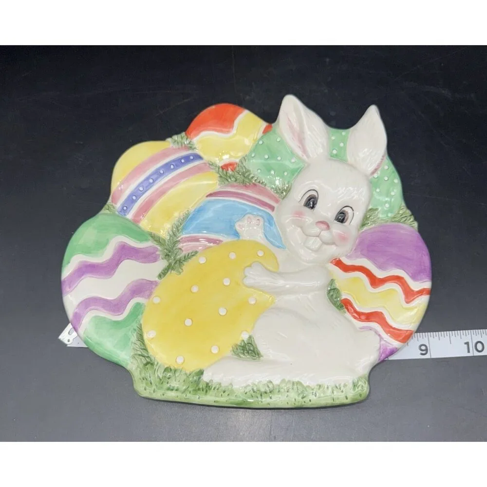 VTG Fitz & Floyd Colorful Ceramic GATHERING‎ EGGS Bunny Rabbit 9” Plate Dish